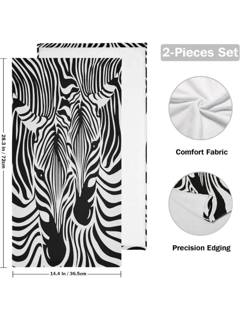 Zebra Print Hand Towels Set of 2 - Soft Absorbent Black & White Stripes for